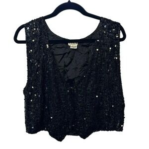VTG TINA Black Sequin Beaded Vest Women Small Party Chic Silk Cropped Evening